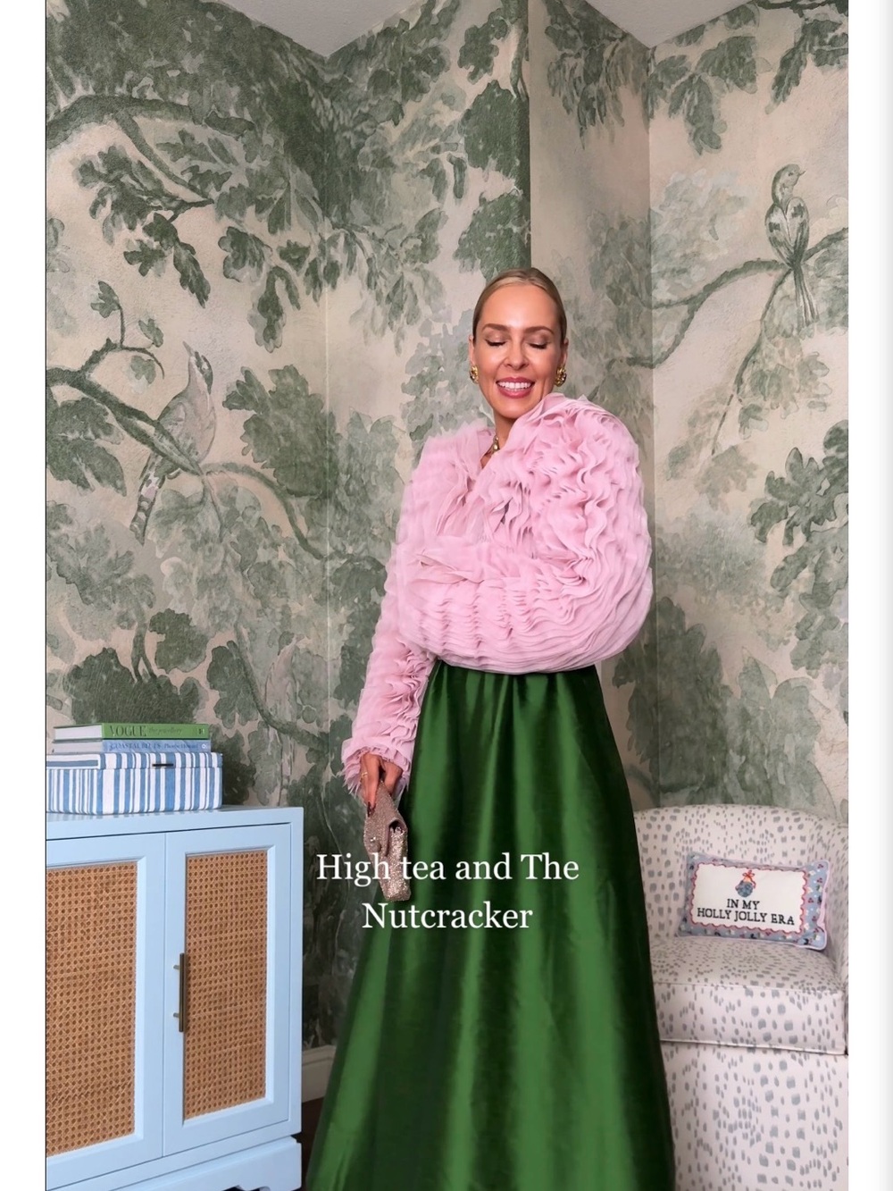 Anthropologie Pink Ruffled Bolero with Green Satin Maxi Skirt